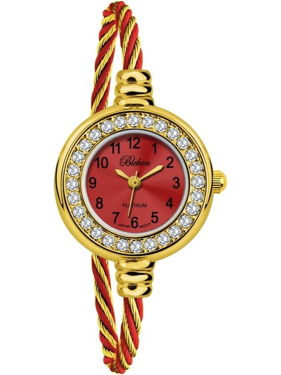 Women\'s Gold And Red Analog Cable Cuff Arabic Numbers Rhinestone Bracelet Watch